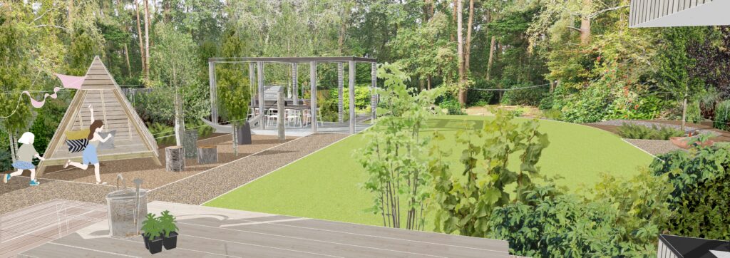 View towards woodland incorporating proposed changes to family garden