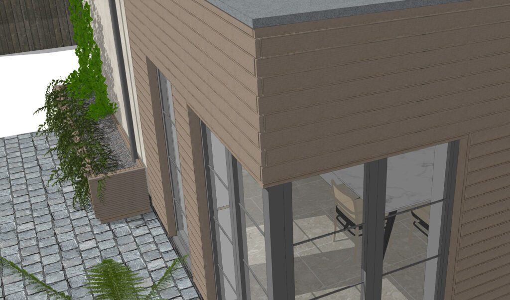 Close up of how timber caldding is assembled at the corner