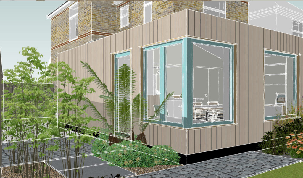 Kitchen extension with blue windows and natural timber cladding